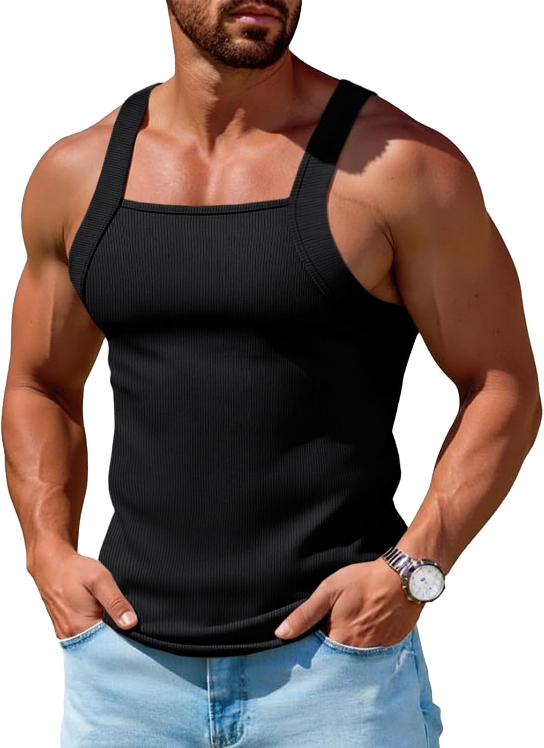 Mens Ribbed Knit Tank Tops Casual Sleeveless Slim Fit Shirts Summer Beach Workout Muscle Gym Tee