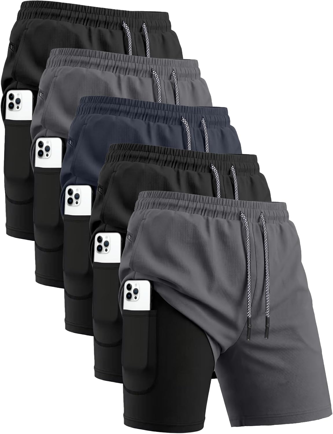 5 Pack Mens 2 in 1 Running Shorts with Liner, Quick Dry Workout Training Gym Athletic Sport Shorts with Pockets