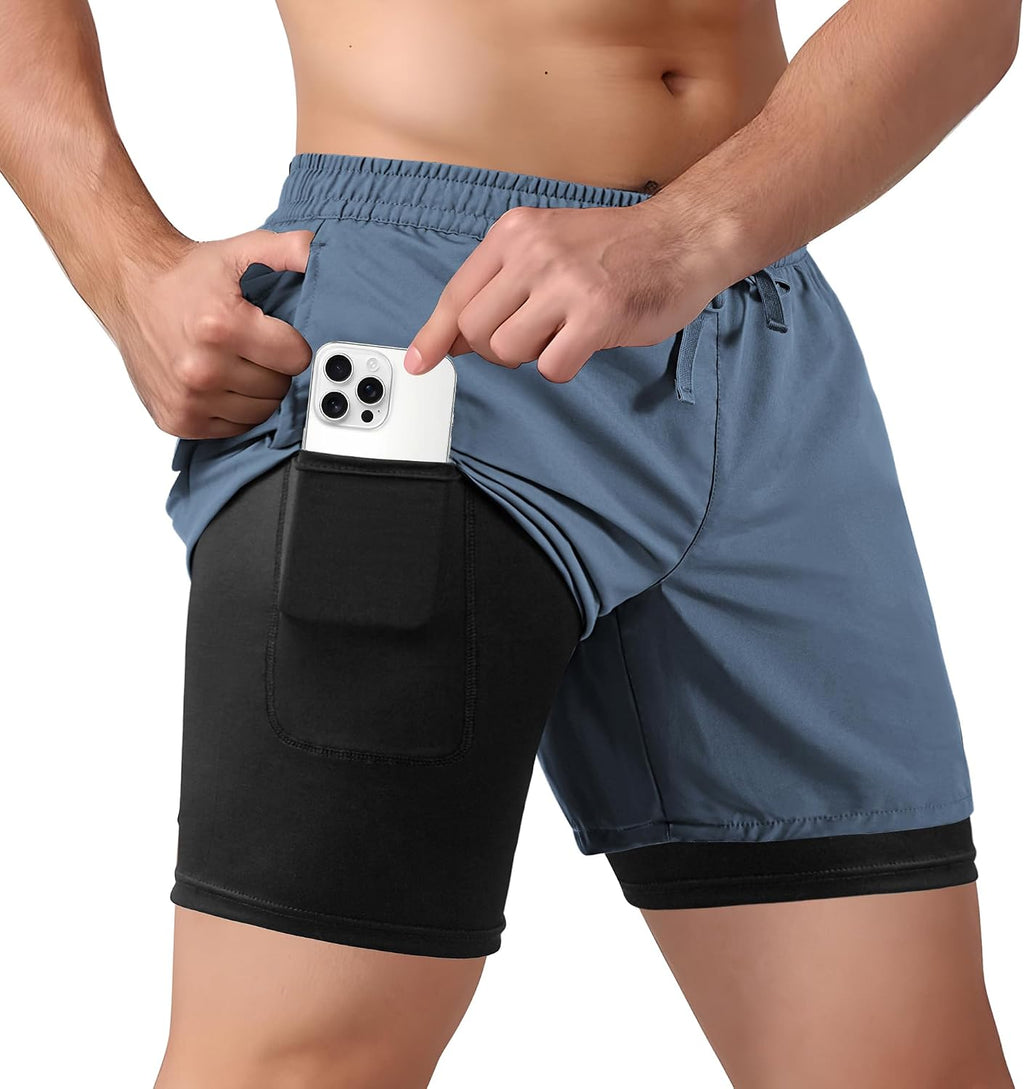 Men's 2 in 1 Athletic Quick Dry Shorts,Running Lightweight,Sweat Wicking Gym Workout Elastic Short